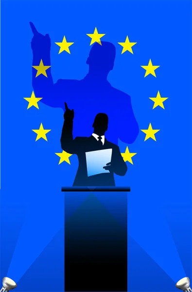European Union flag with political speaker behind a podium — Stock Vector