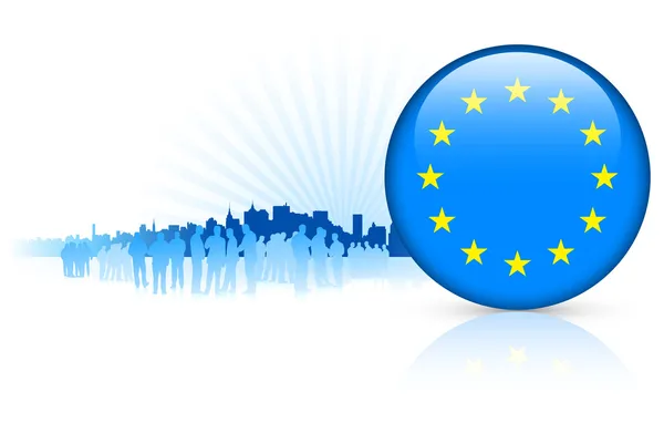Europese Unie internet knop met skyline achtergrond — Stockvector