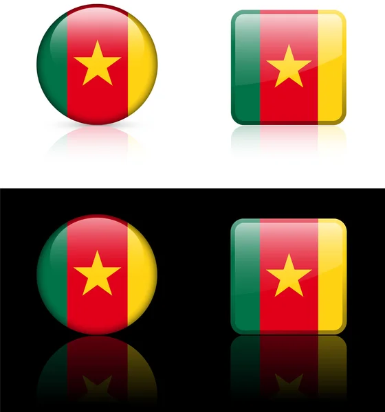 Kameruns flagga knappar på vit och svart bakgrund — Stock vektor