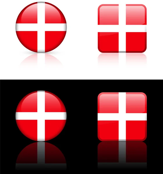白色和黑色的背景上丹麦国旗按钮 — 图库矢量图片