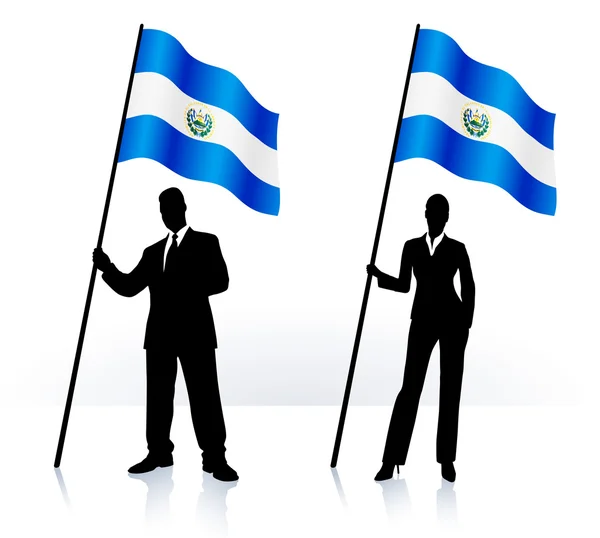 Business silhouettes with waving flag of El Salvador — Stock Vector