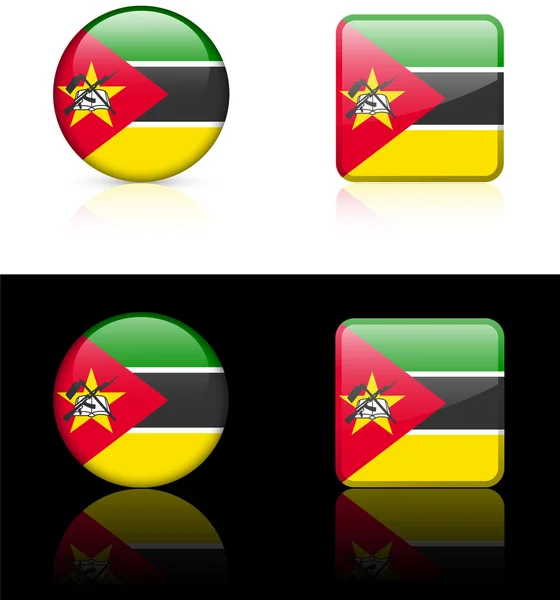 Mozambique vlag knoppen op witte en zwarte achtergrond — Stockvector