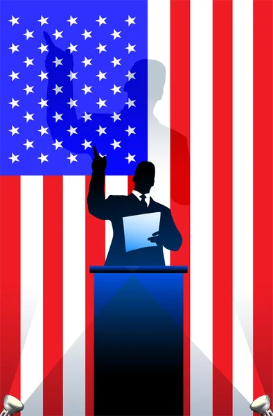 Drapeau des États-Unis avec orateur politique derrière un podium — Image vectorielle