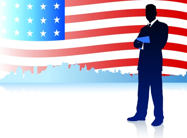 Homme d'affaires avec fond de drapeau américain — Image vectorielle