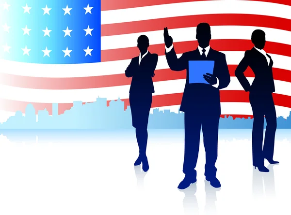 Équipe d'affaires avec fond de drapeau américain — Image vectorielle