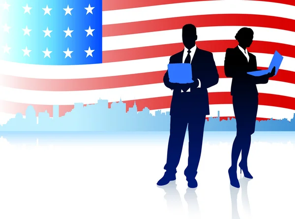 Casal de negócios com fundo de bandeira americana —  Vetores de Stock