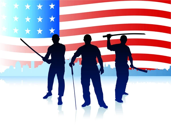 Karate sensei manzarası ve ABD bayrağı arka plan üzerinde kılıç ile — Stok Vektör