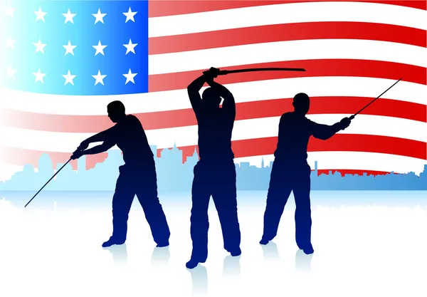 空手道老师用剑的天际线和美国国旗背景上 — 图库矢量图片
