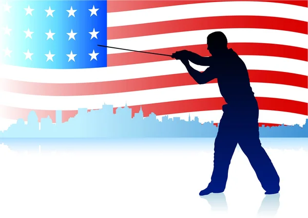 Karate Sensei mit Schwert auf Skyline und USA Flagge Hintergrund — Stockvektor