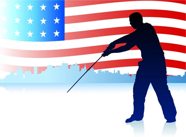 Karate Sensei con Espada en el Skyline y Bandera de USA Fondo — Vector de stock
