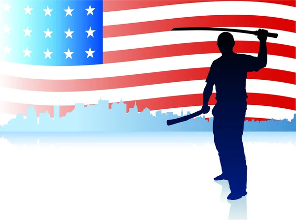 Карате сенсей з мечем на горизонт і фону Прапор США — стоковий вектор