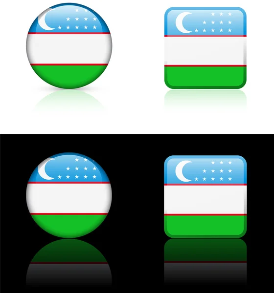 Przyciski flaga Uzbekistanu na białe i czarne tło — Wektor stockowy