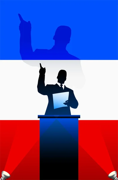 Drapeau de la France avec orateur politique derrière un podium — Image vectorielle