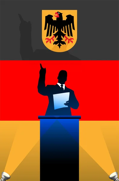 Germany flag with political speaker behind a podium — Stock Vector