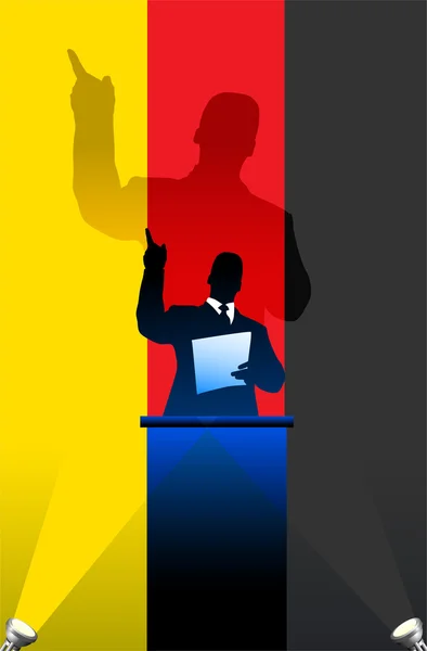 Drapeau de l'Allemagne avec orateur politique derrière un podium — Image vectorielle
