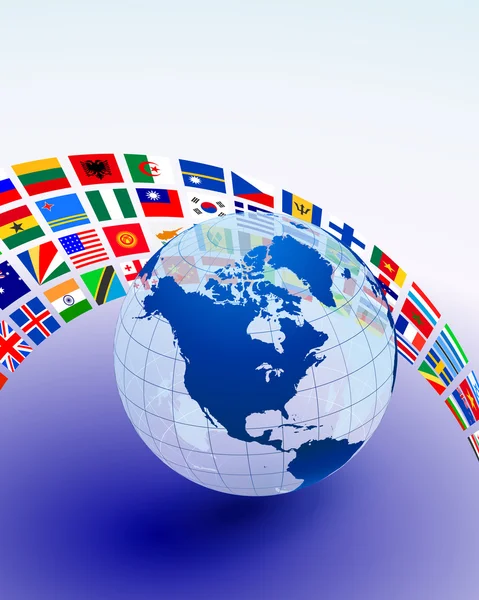 Globe avec beaucoup de bannière de drapeau — Image vectorielle