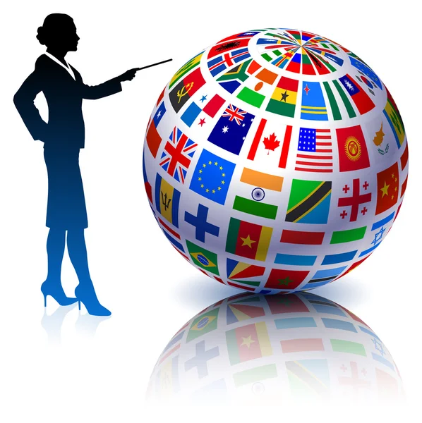 Femme d'affaires présentant Flags Globe — Image vectorielle