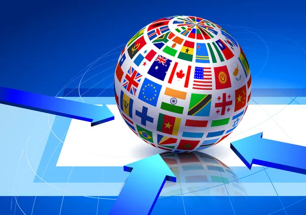 Vlaggen globe op blauwe abstracte achtergrond — Stockvector