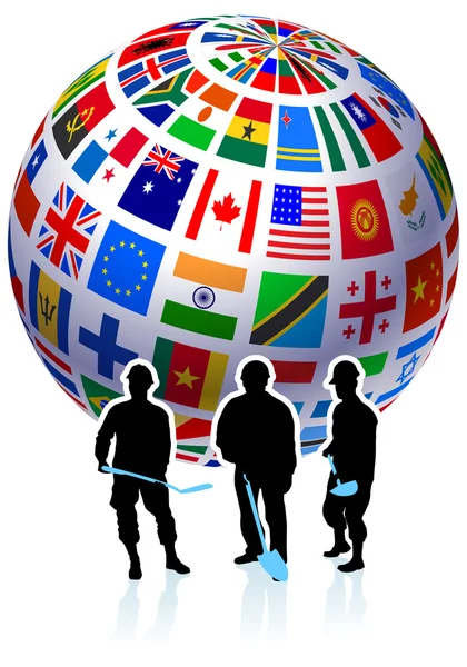 Construction Workers with Flags Globe — Stock Vector