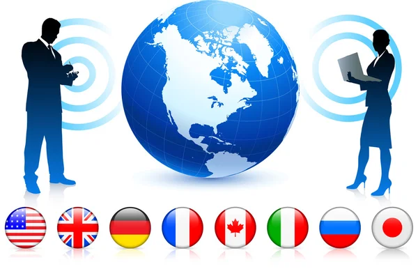 Couple d'affaires avec globe et boutons drapeau internet — Image vectorielle
