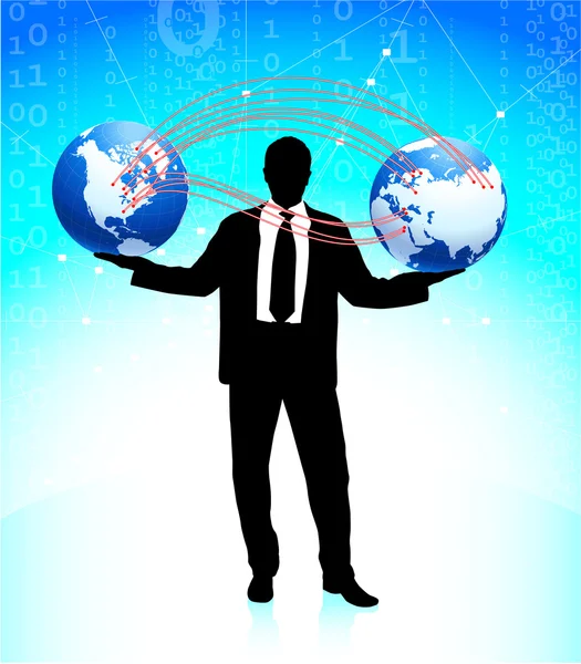 Businessman holding globes internet background — Stockový vektor