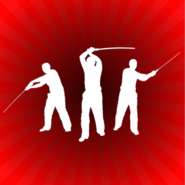 Karate sensei med svärd på glödande röd bakgrund — Stock vektor