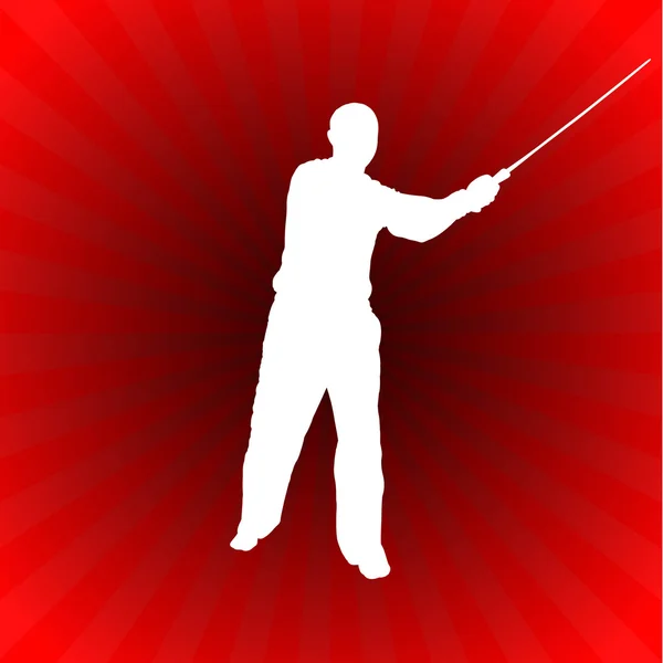 Karate sensei med svärd på glödande röd bakgrund — Stock vektor