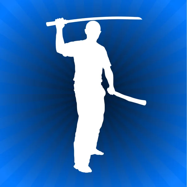 空手道老师与剑上发光的蓝色背景 — 图库矢量图片