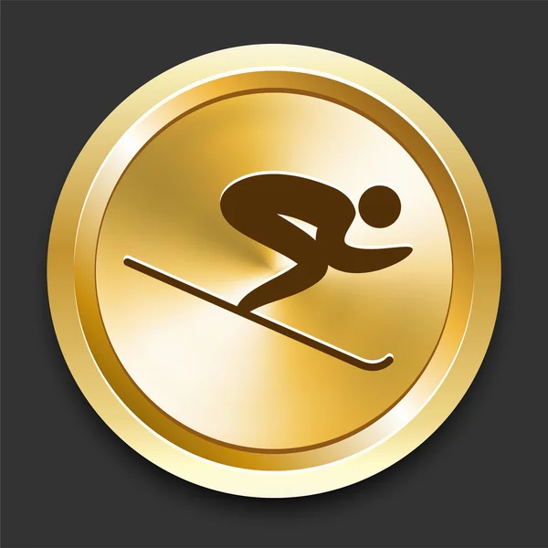 Skiing on Golden Internet Button — Stock Vector