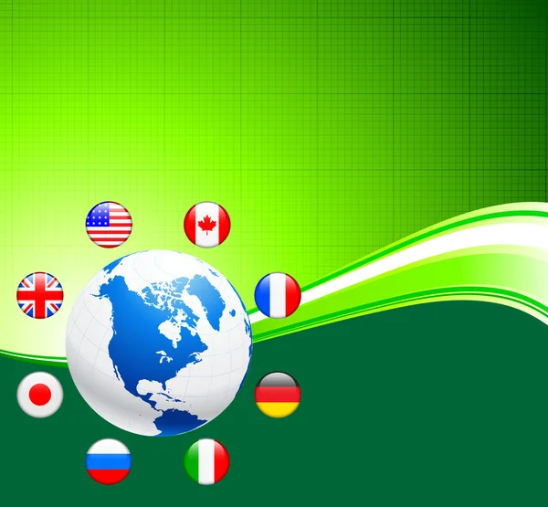 Globe avec boutons de drapeau Internet Arrière-plan — Image vectorielle