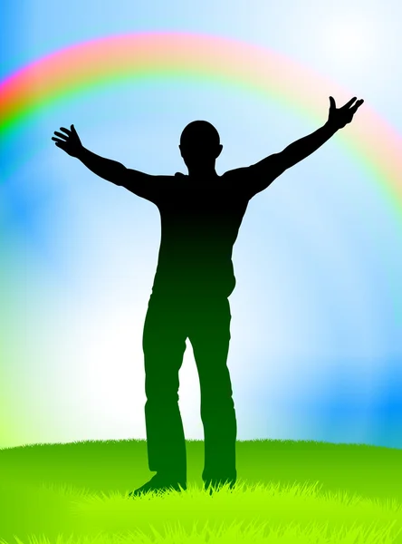 Homme excité sur Rainbow Nature Contexte — Image vectorielle