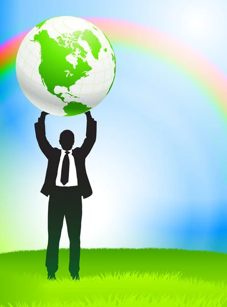 Businessman Holding Globe on Nature Background — Stock Vector