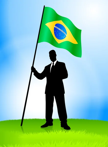 Üzletember vezető gazdaság Brazília zászló — Stock Vector