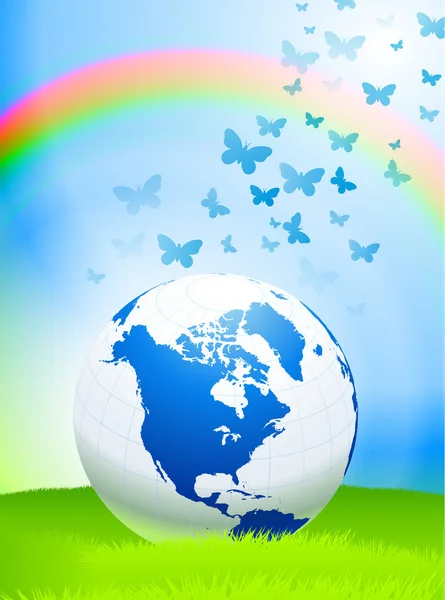 Globe on Nature Background with Rainbow — Stock Vector