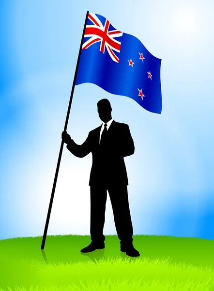 Imprenditore Leader Holding Nuova Zelanda Bandiera — Vettoriale Stock