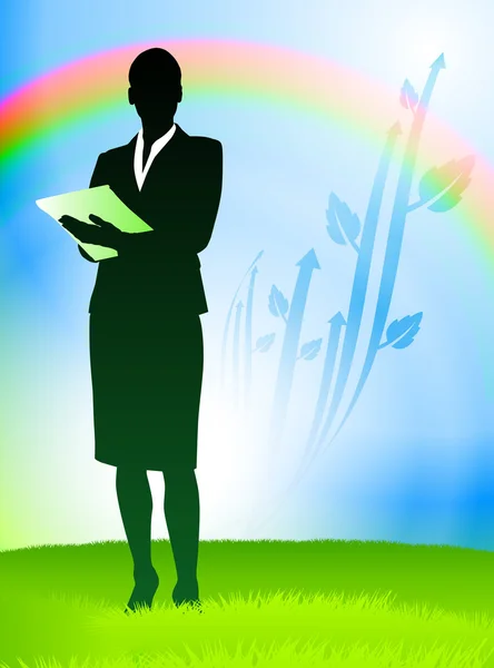 Affärskvinna på naturen rainbow bakgrund — Stock vektor