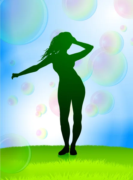 Sexy Girl sur l'herbe et le ciel bleu avec des bulles de savon — Image vectorielle