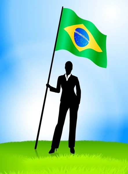 Affärskvinna ledare håller Brasilien flagga — Stock vektor