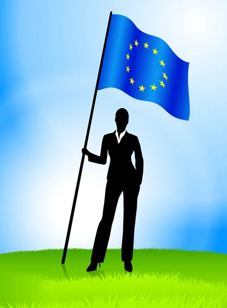 Zakenvrouw leider houden Europese Unie vlag — Stockvector