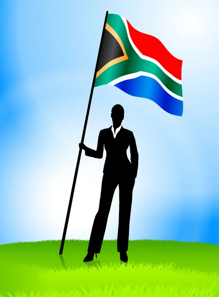 Zakenvrouw leider houden van Zuid-Afrika vlag — Stockvector