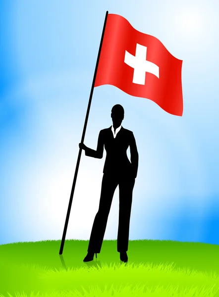 Zakenvrouw leider houden Zwitserland vlag — Stockvector