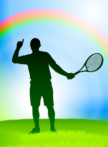 彩虹背景上的网球运动员 — 图库矢量图片