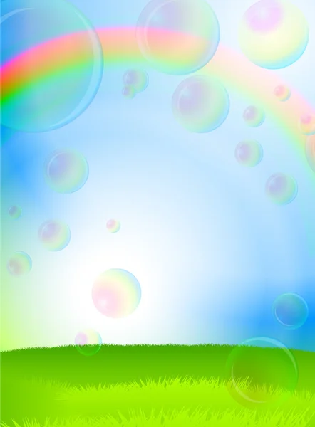 Zelené trávy, modrá obloha a mýdlové bubliny — ストックベクタ