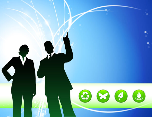 Business Couple on Abstract Light Background with Nature Icons