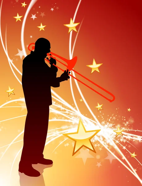 Músico de trompeta sobre fondo de luz abstracta con estrellas — Vector de stock