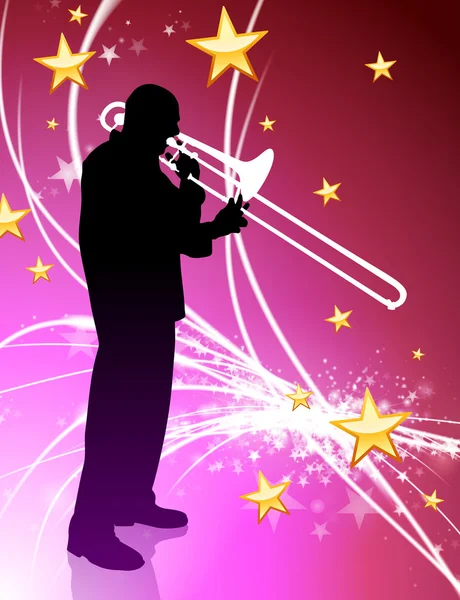 Trumpet Musician on Abstract Light Background with Stars — Stock Vector