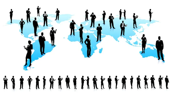 Silhouette d'affaires sur fond de carte du monde — Image vectorielle