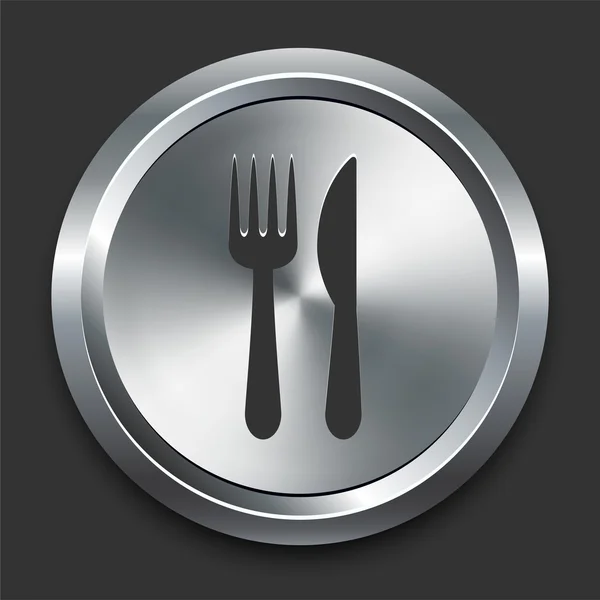 Cuchillo y tenedor icono de metal botón de Internet — Vector de stock