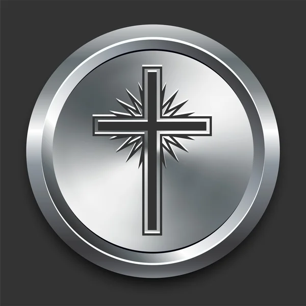 Icono de Cruz Religiosa en Metal Botón de Internet — Vector de stock