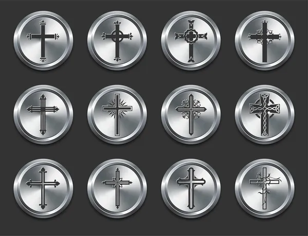 Iconos de Cruz Religiosa en Metal Botones de Internet — Vector de stock